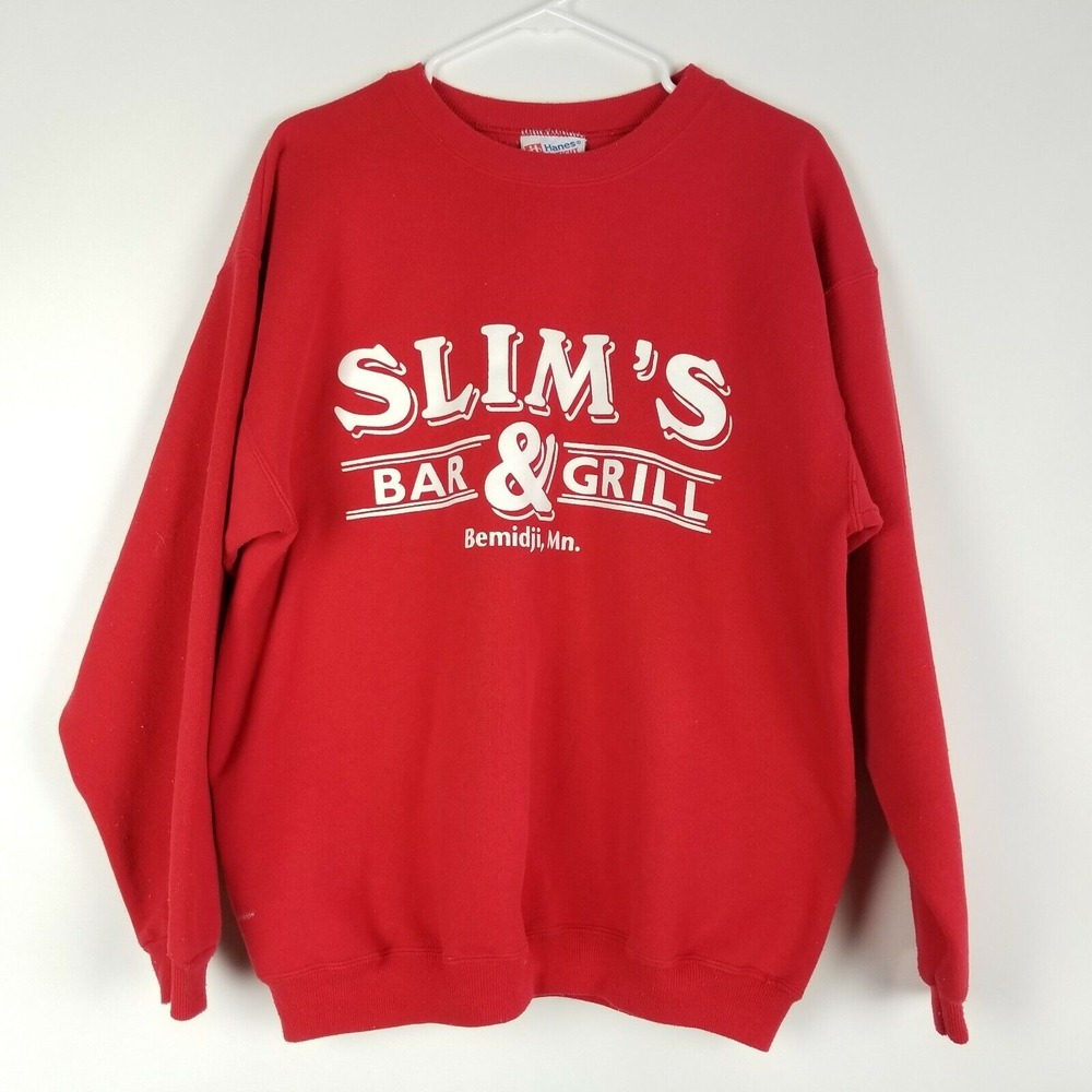 Vintage Hanes Sweatshirt Size L Red Slims Bar & Grill Bemidji MN Heavyweight
